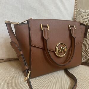 Michael Kors Hudson Medium Satchel Crossbody | Brown Saffiano Leather